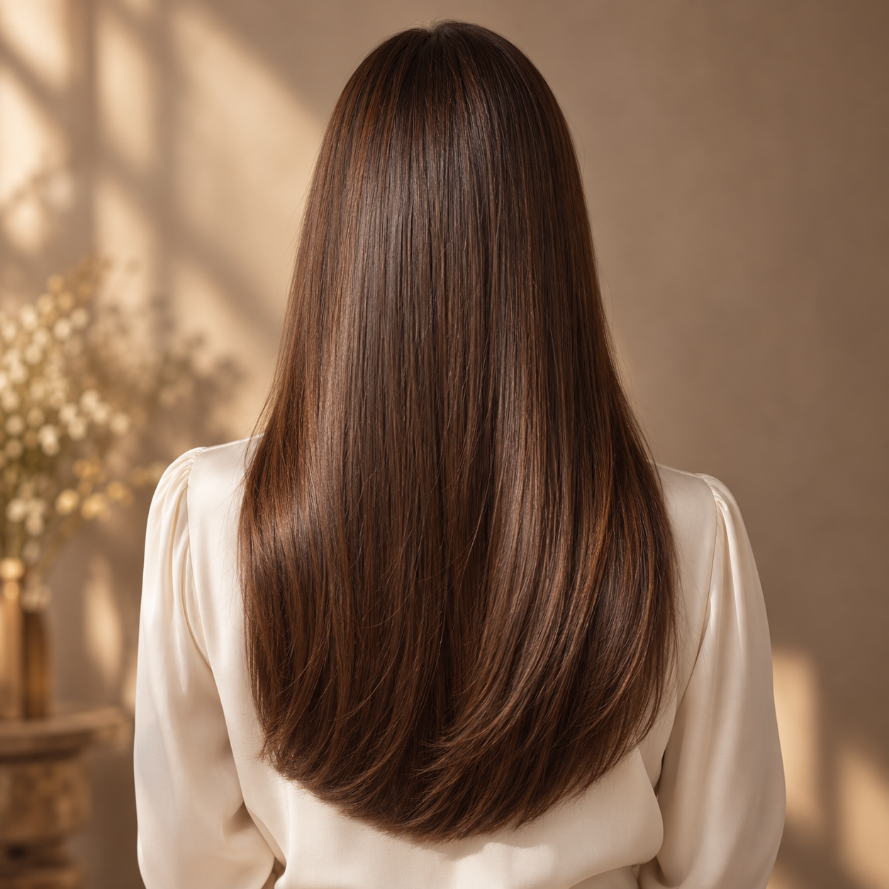 Illustrative long smooth chestnut hair